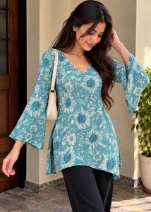 Teal Floral Printed Long-Sleeve Kurti