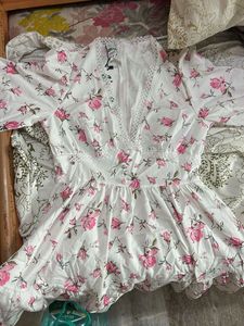 White Floral Print Dress with Lace Trim