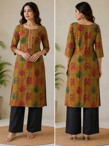Yellow Printed Kurta with Black Pants