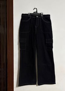 Black Wide Leg Cargo Jeans | Contrast Stitching
