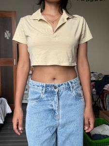 Beige Cropped Polo T-Shirt