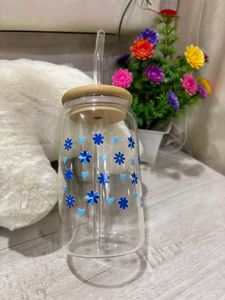 Customize blue Floral Glass Tumbler  with bamboo l