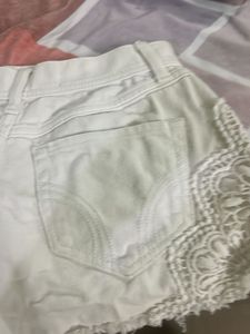 White Lace Detail Ripped Denim Shorts