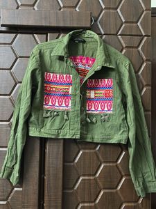 Zara Embroidered Green Cropped Jacket