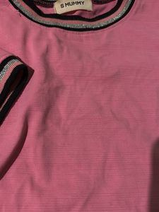 Pink Cropped T-Shirt with Striped Trim