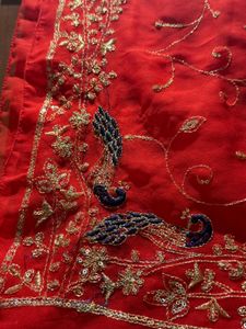 Only Red Saree with Peacock Embroidery