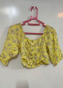 Yellow Floral Cropped Button-Up Top
