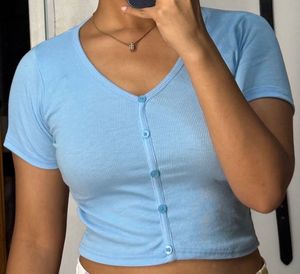 Baby Blue Ribbed Button-Up Crop Top