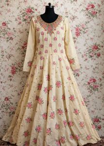 Elegant Cream Floral Embroidered Anarkali Gown