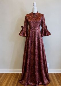 Wine Brocade Dress with Bell Sleeves
