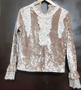 Tan Velvet Lace Trimmed Winter Top 32 Bust
