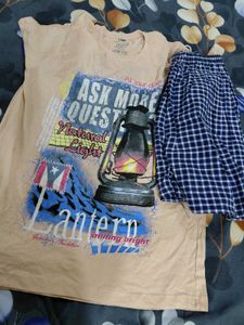 Graphic Print T-Shirt with Plaid Shorts Set