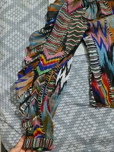 Boho Pattern Ruffle Long Sleeve  mesh Top