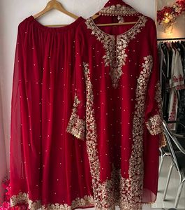 Elegant Red Embroidered kurta plazzo and dupatta S