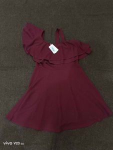 Maroon One-Shoulder Frill Skater Dress - NWT