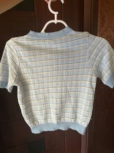 Blue &amp; White Checked Knit Top