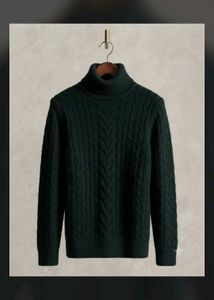 Men's Dark Green Cable Knit Turtleneck Sweater