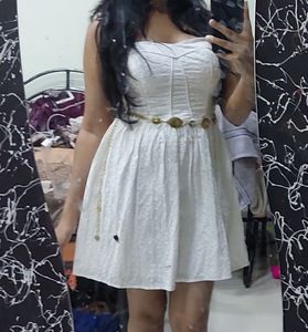 Chic White Eyelet Dress with Gold Belt
