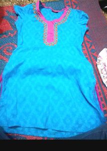 Blue Kurta with Pink Embroidery