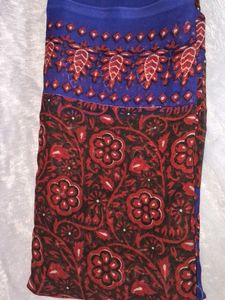 Vibrant Red &amp; Blue Floral Saree without blouse