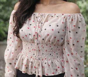 White Off-Shoulder Top with Heart Print