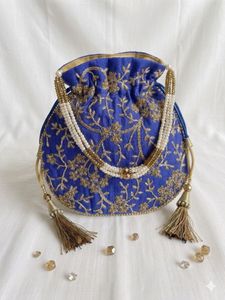 Embroidered Royal Blue Potli Bag