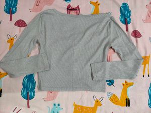 Grey Cropped Ribbed Button-Up Top