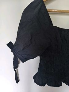 Black Smocked Puff Sleeve Top