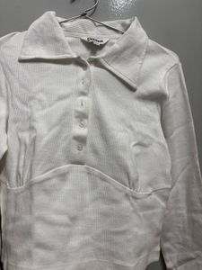White Collared Cropped Ribbed Top