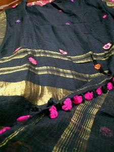 free shipping pure linen Elegant Black Saree witho