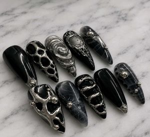 Hand made Gothic Black &amp; Silver Press-On Nails
