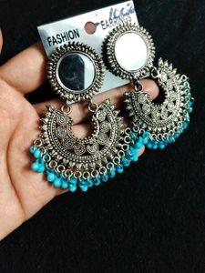 Oxidized Mirror Jhumka Earrings with Blue Beads