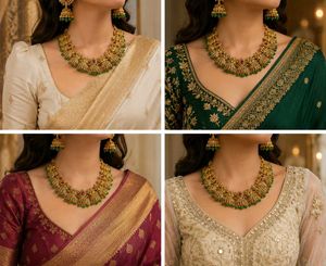 Antique Gold Plated Temple Jewellery Set with Gree