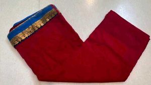 Red Saree with Blue and Gold Border