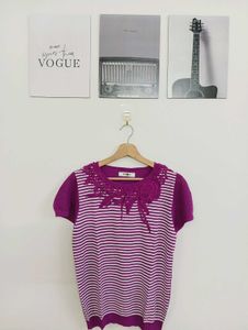 Striped Knit Top with Floral Applique
