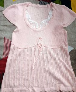 Cute Pink Lace Trim Knit Top