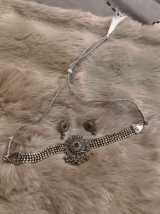 Oxidized Silver Choker & Earring Set