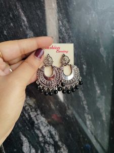 Oxidized Silver Earrings with Black Bead