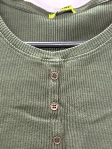 Olive Green Ribbed Button-Up Crop Top