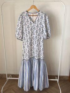 Boho Maxi Dress with Blue Stripes