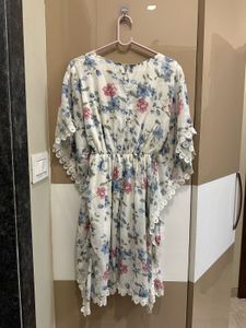 Floral Print Kaftan Dress with Lace Trim