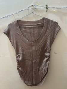 Casual Brown Ribbed Knit Top