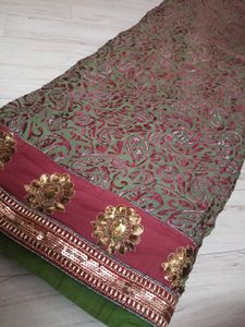 Designer olive green &amp; marron sequins saree