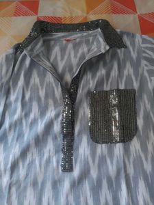 Stylish Grey Ikat Kurta with Sequins