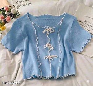 🌸 Pastel Blue Ribbed Coquette Crop Top 🎀