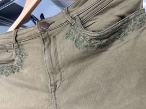 Embroidered Khaki Jeans
