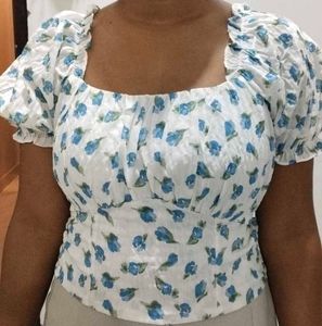 Women's White &amp; Blue Floral Top