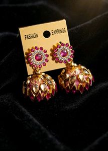 Stunning Jhumka Earrings with Pink Stones
