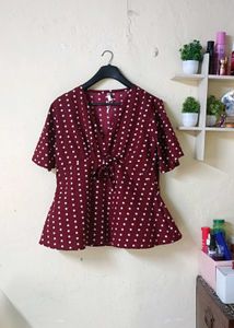 Maroon Polka Dot Tie-Up Top