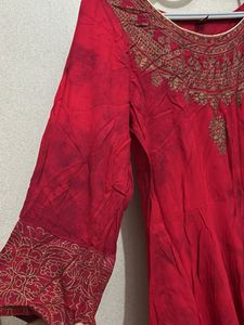 Red Embroidered Kurta With Dupatta